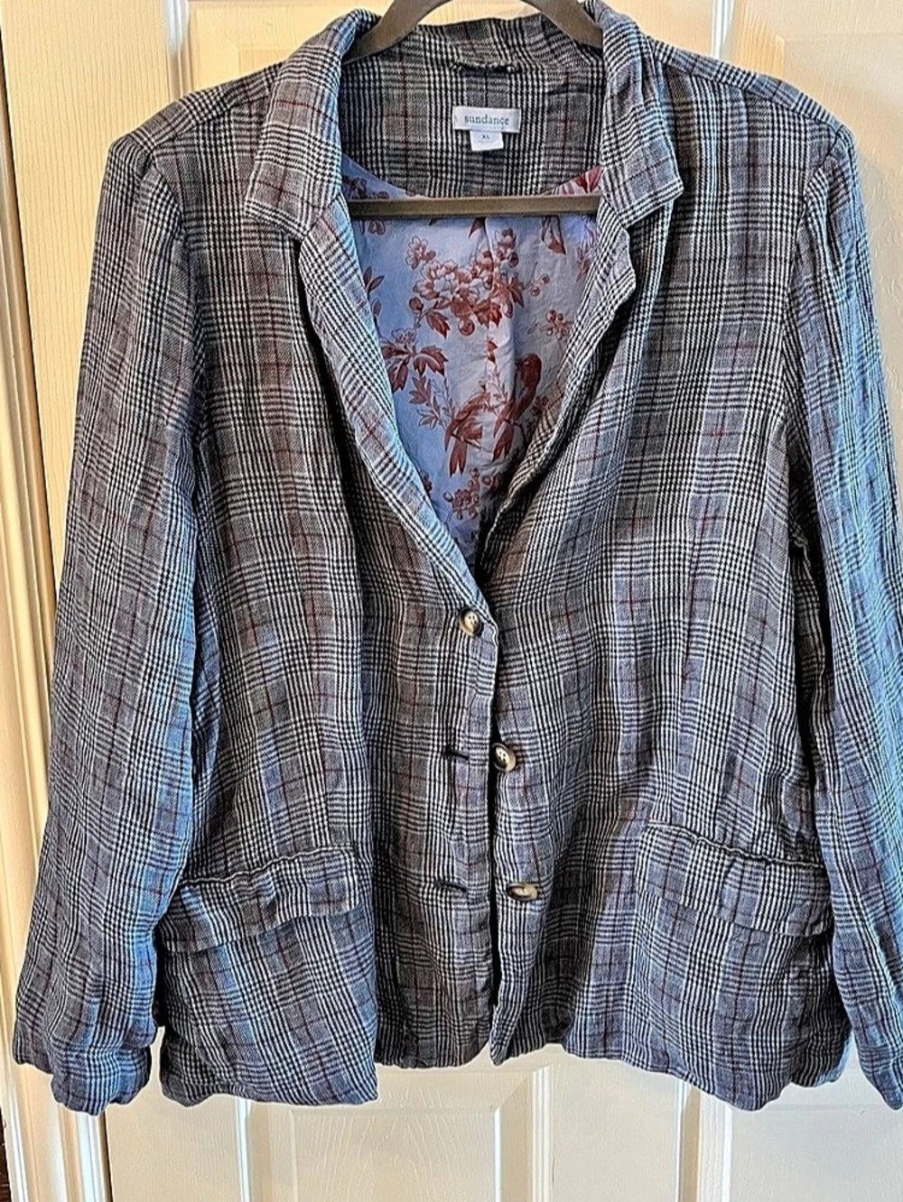 Sundance Linen Cotton Floral Lined Light Academia Plaid Blazer Grey & Red, XL
